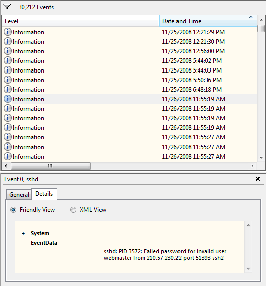 Event viewer showing sshd message with evidence of attack
