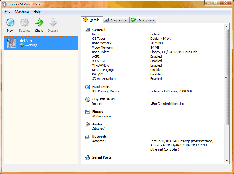 VirtualBox configuration options for my Debian Linux virtual machine